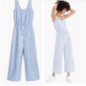 J. Crew Sofia Linen Cotton White Blue Striped Tie Waist Jumpsuit Size XL